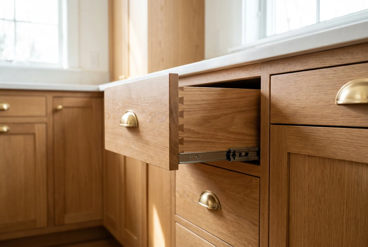 Detail of custom rift-cut white oak kitchen cabinetry with brass hardware and dovetail drawer joinery