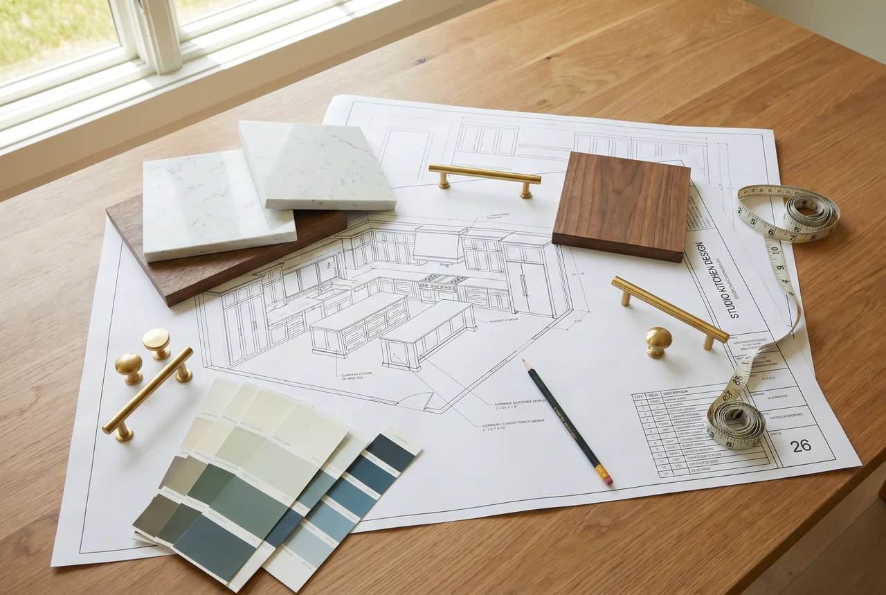 Kitchen cabinet design package with blueprints, quartz samples, brass hardware and color swatches
