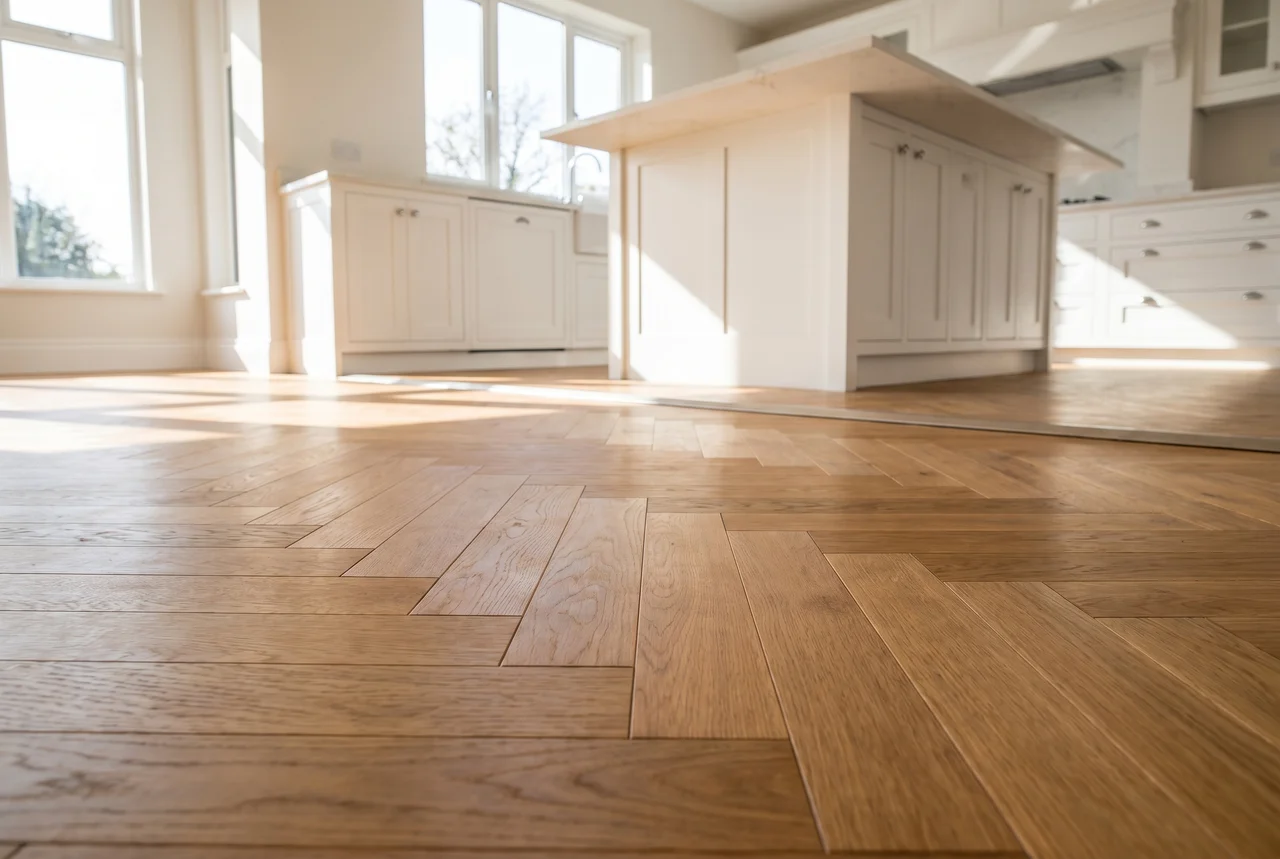 Herringbone-pattern engineered hardwood flooring in a Wichita kitchen with natural daylight