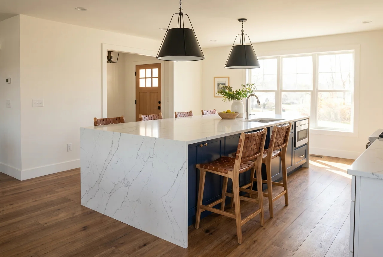 Large kitchen island with quartz waterfall counter, navy painted base, counter stools and pendant lights