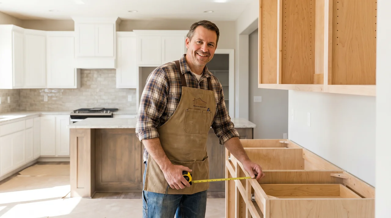 Kitchen Remodeling Wichita installer working on cabinet installation